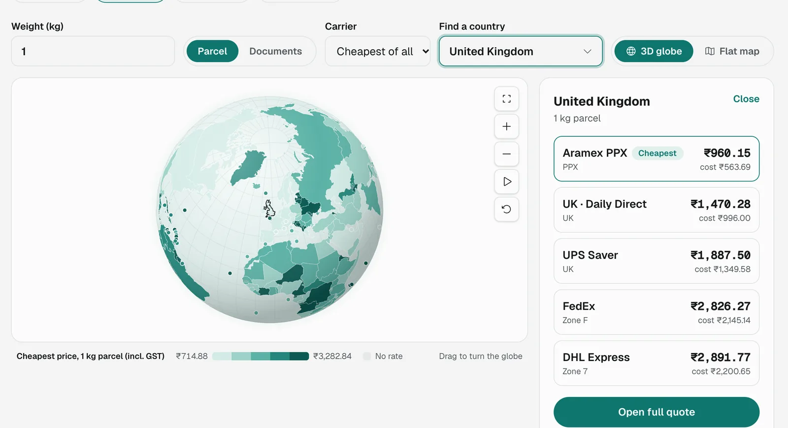 3D globe view with United Kingdom selected