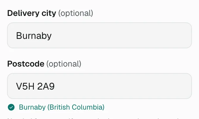 Postcode field confirming Burnaby, British Columbia