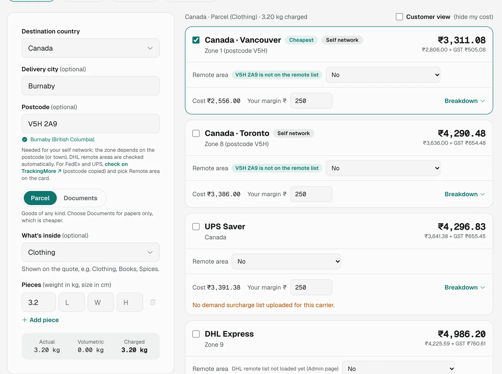 Quote screen comparing every carrier for Canada, cheapest first