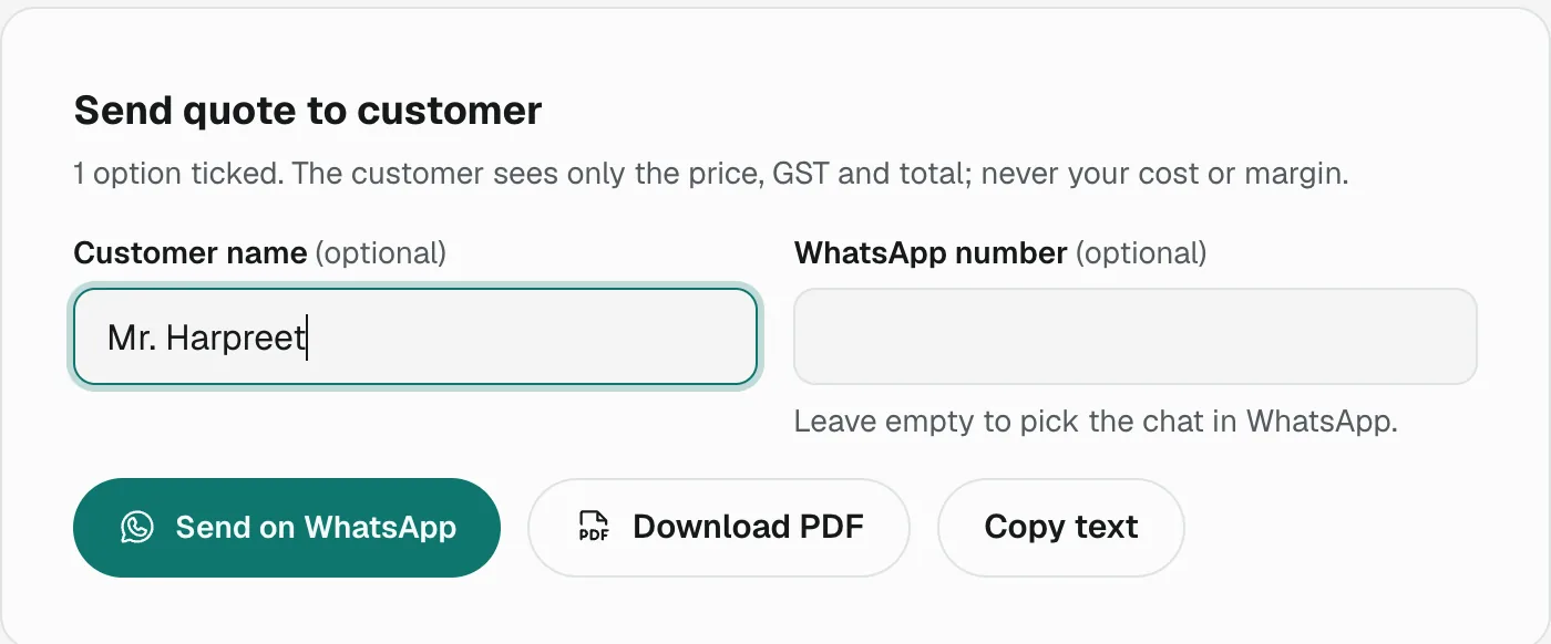 Send quote to customer on WhatsApp, as PDF or as text