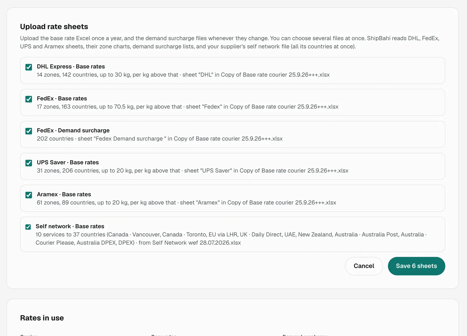 Upload rate sheets screen listing six recognised rate sheets