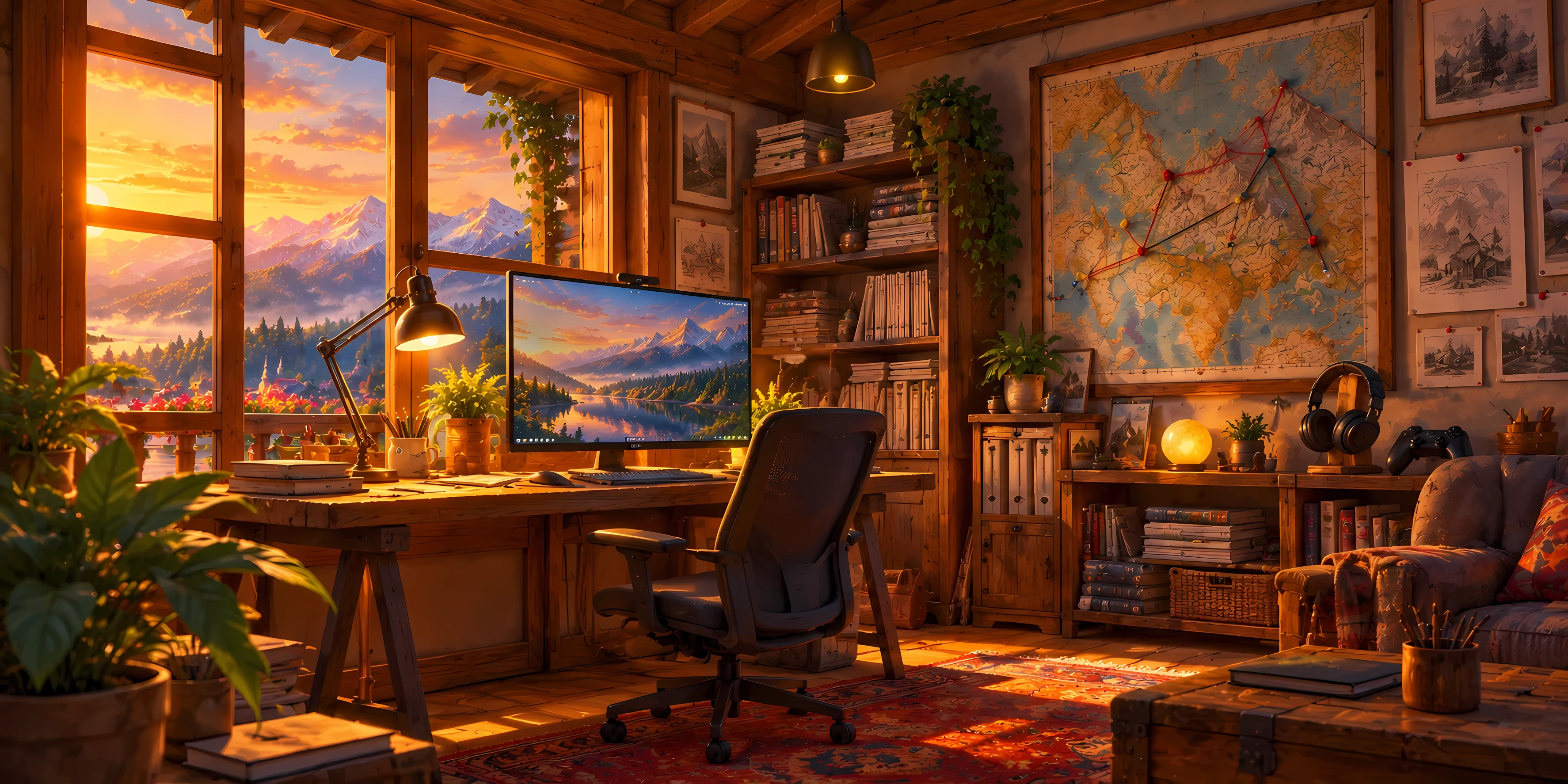 Inside Rohit's studio: desk with monitor, bookshelf of reports, wall map, game controller